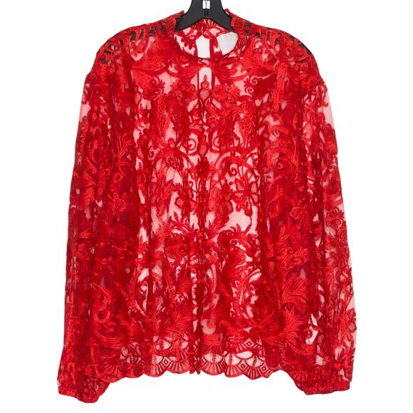 Retta Eloquii Top Whimsigoth Romantic Coquette Victorian Sheer Mesh Lace Red 20 - Picture 1 of 7